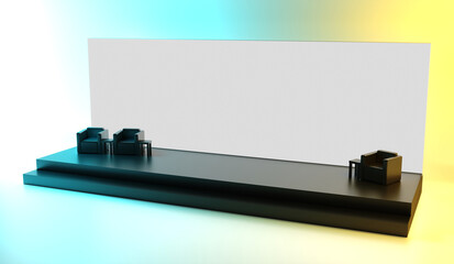 Empty stage design for mockup and corporate identity, display. Platform elements in hall. Blank screen system for graphic Resources. Scene event led night light staging. 3d Background for online.