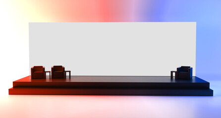 Empty stage design for mockup and corporate identity, display. Platform elements in hall. Blank screen system for graphic Resources. Scene event led night light staging. 3d rendering for online.