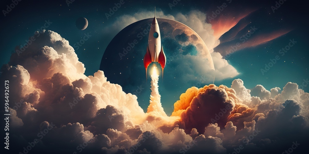 Aufkleber fire of a rocket have a picture of a soaring moon across a cloudy sky with smoke billowing from the 