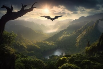 Majestic dinosaur in a fantasy landscape. AI generated, human enhanced
