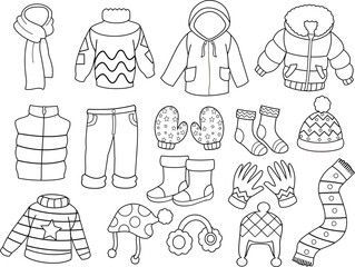 Set of Kids Warm Winter Clothes Outlined