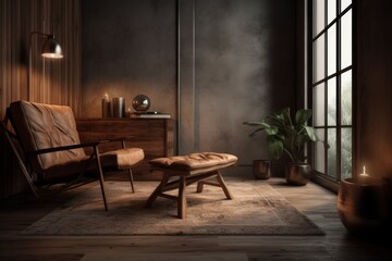 Style loft interior with leather armchair. AI generated, human enhanced