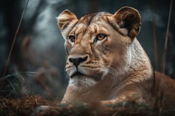 Obraz na płótnie Canvas Beautiful lioness in nature in a natural habitat. AI generated, human enhanced