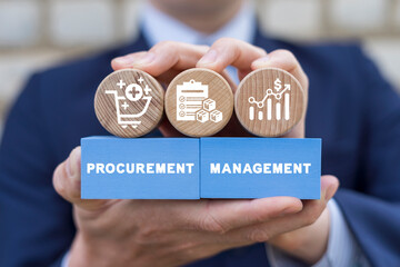 Man arranging colorful blocks with inscription: PROCUREMENT MANAGEMENT. Procurement Management...
