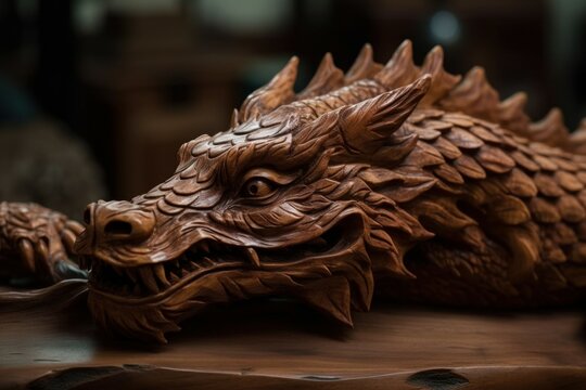 Dragon carved from mahogany wood. AI generated, human enhanced