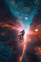 A high-tech bicycle with anti-gravity technology that proves it through the sky above a cityscape. Generative AI