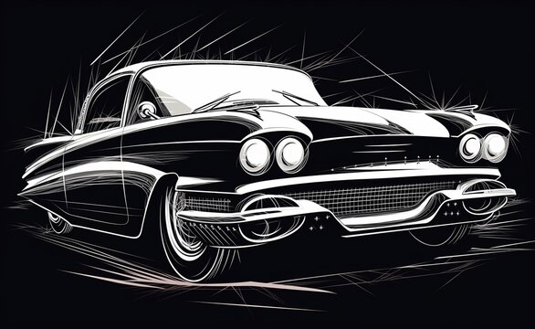 classiv car illustration, black and white, generative ai