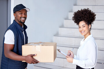 Just click and have your goods delivered. Shot of a woman signing for a package delivery.