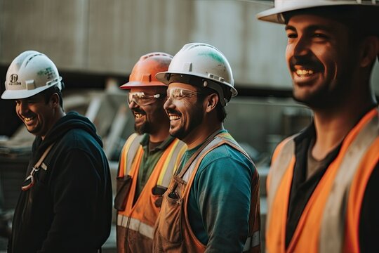 A Group Of Cheerful And Dedicated Construction Workers Taking A Break From Their Duties.