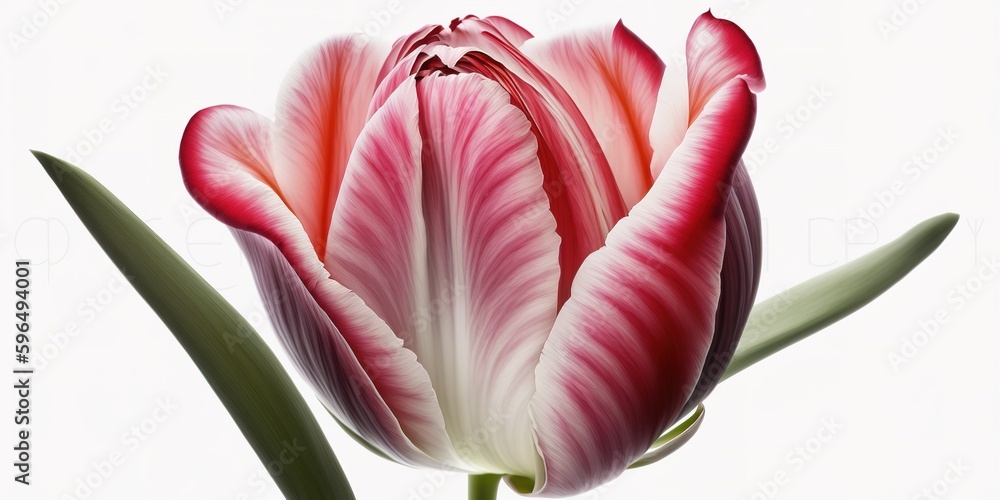 Poster studio photograph of a single red and pink tulip on a white backdrop generative ai