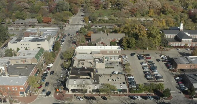 Aerial view of downtown Glencoe, Illinois along the Lake Michigan shoreline.