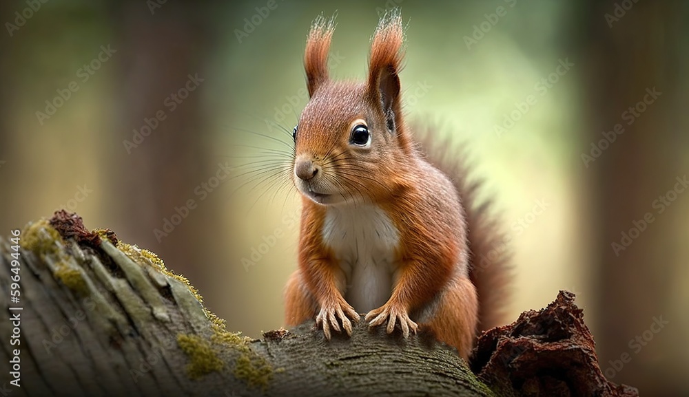 Poster the common red squirrel, sciurus vulgaris, perched on a tree trunk. generative ai