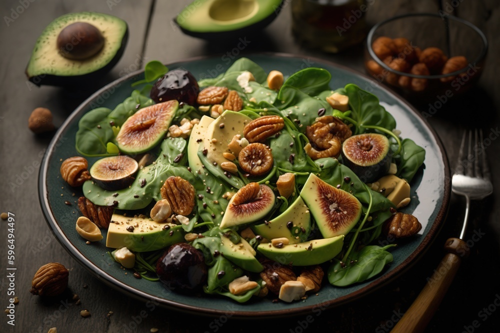 Poster fancy fig salad avocado spinach and cashews dressing from balsamic sauce avocado and nuts generative
