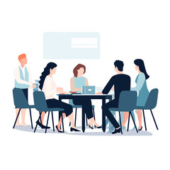 A group of business professionals sitting around a table, engaged in a discussion. The illustration features a range of diverse characters, each with their own unique style and expression. 