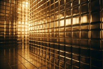 Polished tile wall with luxurious 3D gold blocks. 3D render. Generative AI