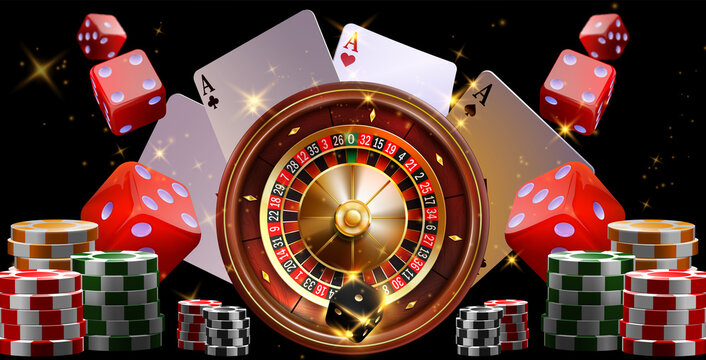 Online Casino, Roulette casino  and chips Poker casino in dark background.