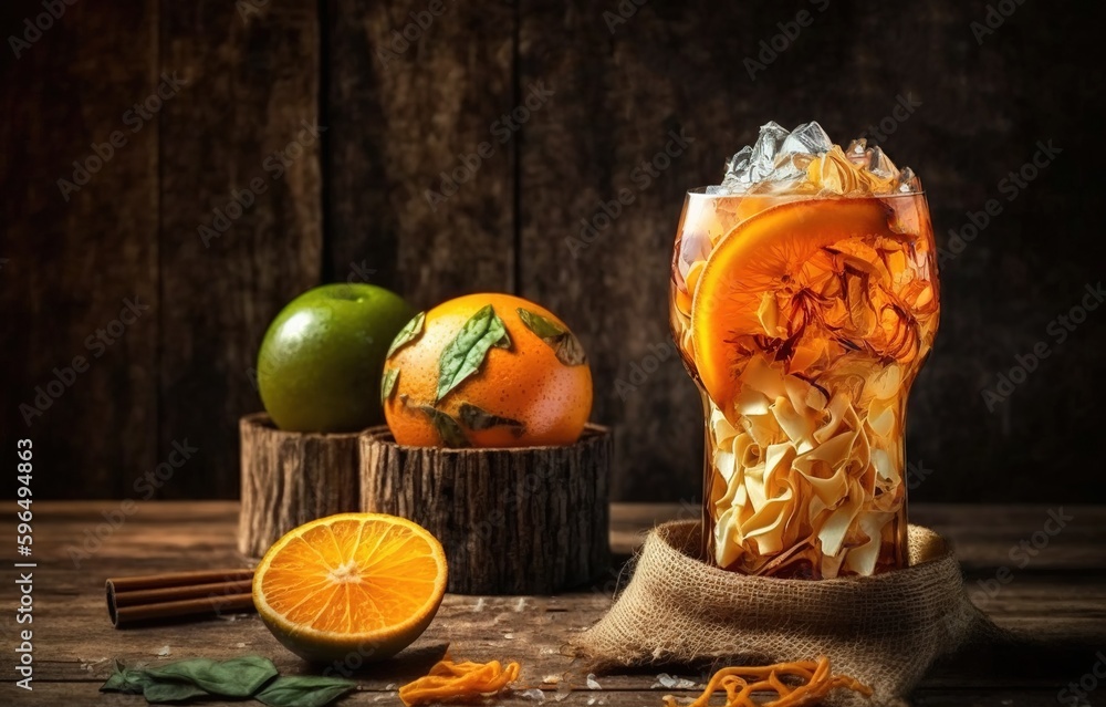 Poster drinking straws and a slice of dried orange sit on napkins on a wooden table in this side view of a 
