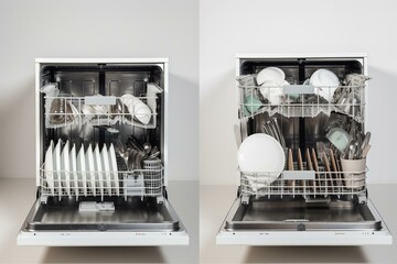 White background with dishwasher open and closed. Generative AI