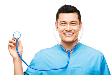 At your beck and call. Shot of a young male nurse using his stethoscope against a studio background.