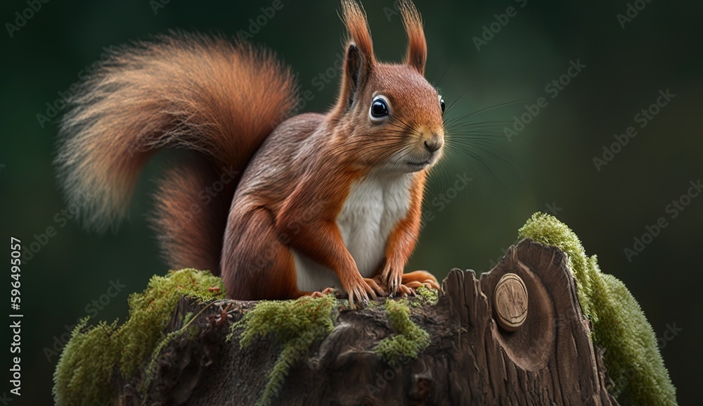 Poster a red squirrel sits on a green tree trunk. generative ai