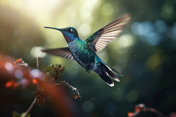 Obraz premium A hummingbird taking a break from its busy day to rest on a branch in the heart of a lush forest. A peaceful and serene moment captured on camera. AI Generative.