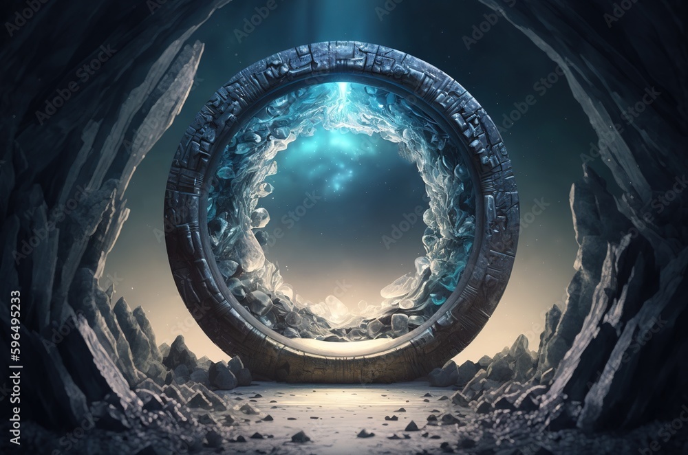 Poster a raster artwork of a teleportation gateway in a dimly lit stone circle with a meditating sage and a