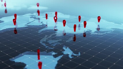 World map with global technology destination location concept. Network connection and global positioning system (GPS) concept. Abstract animation of the world map with pointers. pins, navigation and t - Powered by Adobe
