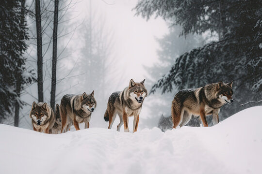 Pack of wolves in the snow. AI generative image.