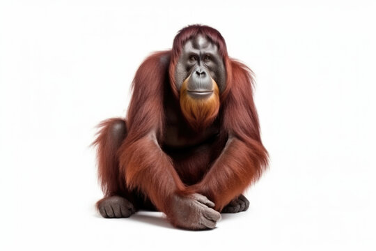 An orangutan is sitting on a white background. AI generative image.