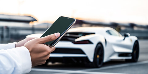 Businessman holding smart phone standing by the super car, concept of a successful businessman.  