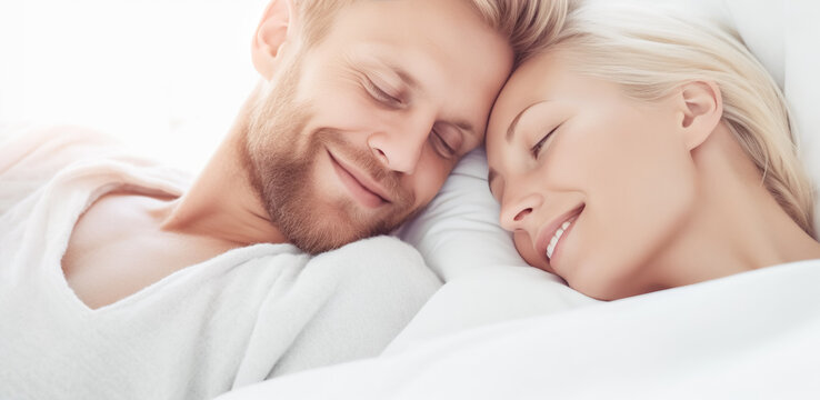 Happy beautiful couple lying together on the bed. Love and relationship man and woman enjoying bedroom at home or hotel room together laughing and having fun. digital ai