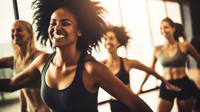 Fitness, laughing and friends at the gym for training, pilates class and happy for exercise at a club. Smile, sport in a group for a workout, cardio or yoga on a studio wall, digital ai