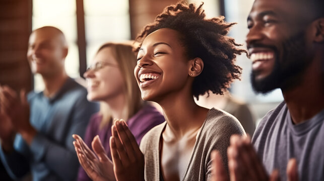 Group of young friends in sportswear laughing while sitting in a gym after an exercise. Fitness, laughing and friends at the gym for training, pilates class, digital ai