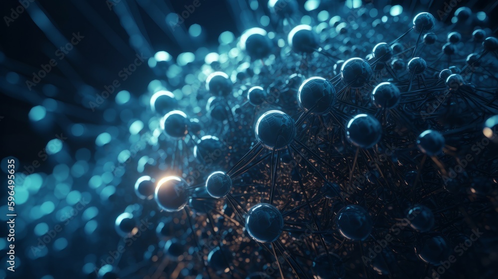 Poster Digital dynamic cyber wave. Abstract futuristic blue background with dots and lines. Big data visualization. 3D rendering. Generative ai
