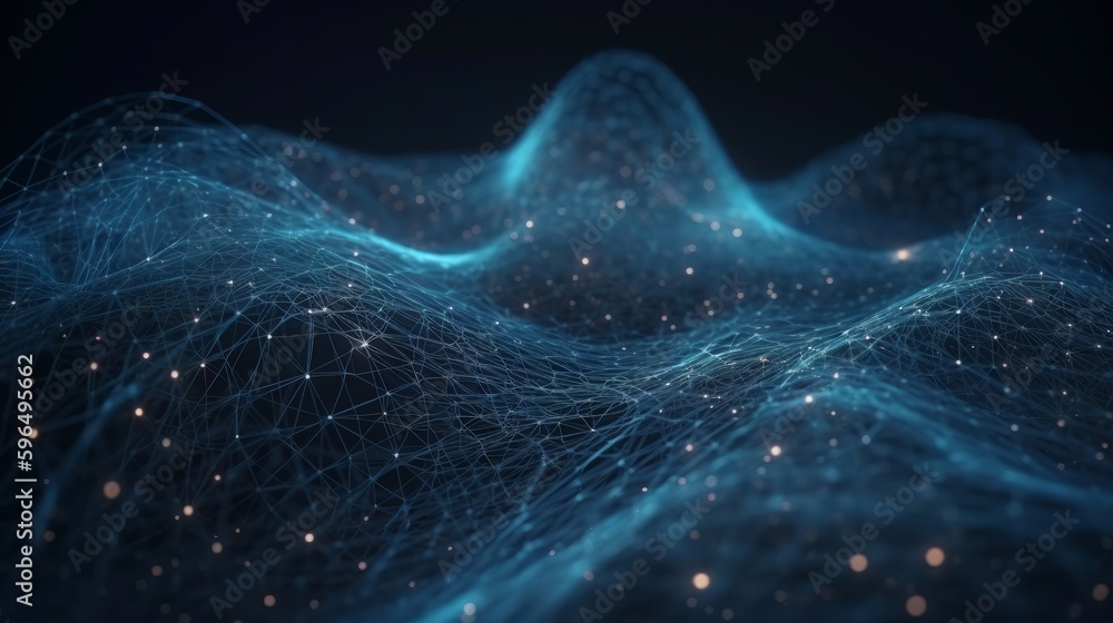 Poster Digital dynamic cyber wave. Abstract futuristic blue background with dots and lines. Big data visualization. 3D rendering. Generative ai