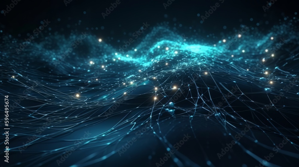 Poster Digital dynamic cyber wave. Abstract futuristic blue background with dots and lines. Big date. Generative ai