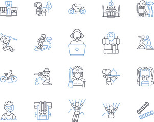 Fototapeta premium Travel sector line icons collection. Adventure, Accommodation, Backpacking, Beach, Budget, Camping, Caravan vector and linear illustration. City,Cruise,Culture outline signs set Generative AI