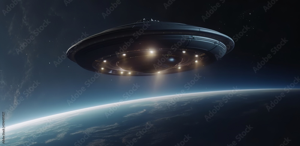 Poster alien ufo flies over earth. generative ai