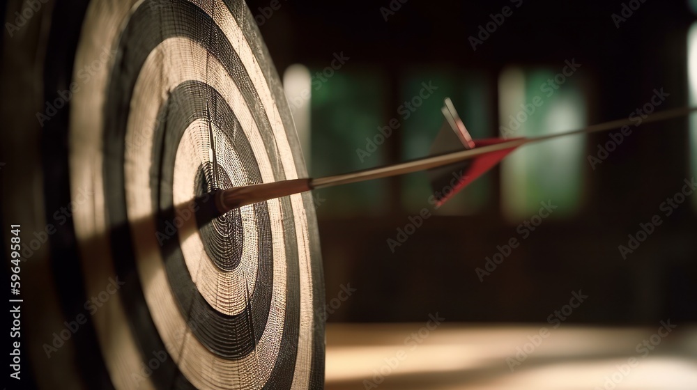 Fototapete Bullseye target or dart board has red dart arrow throw hitting the center of a shooting for business targeting and winning goals business concepts. Generative ai