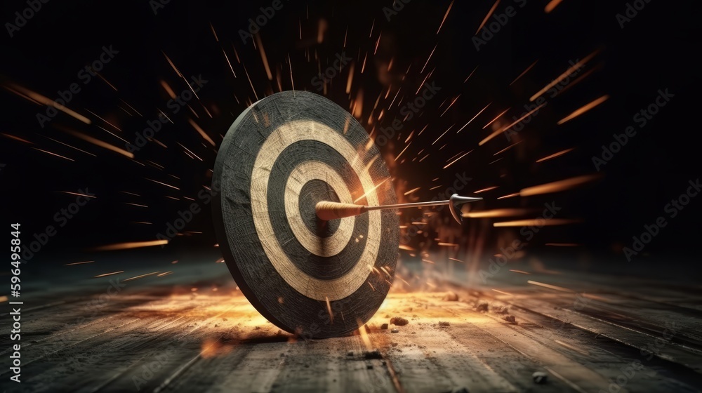 Poster Bullseye target or dart board has red dart arrow throw hitting the center of a shooting for business targeting and winning goals business concepts. Generative ai