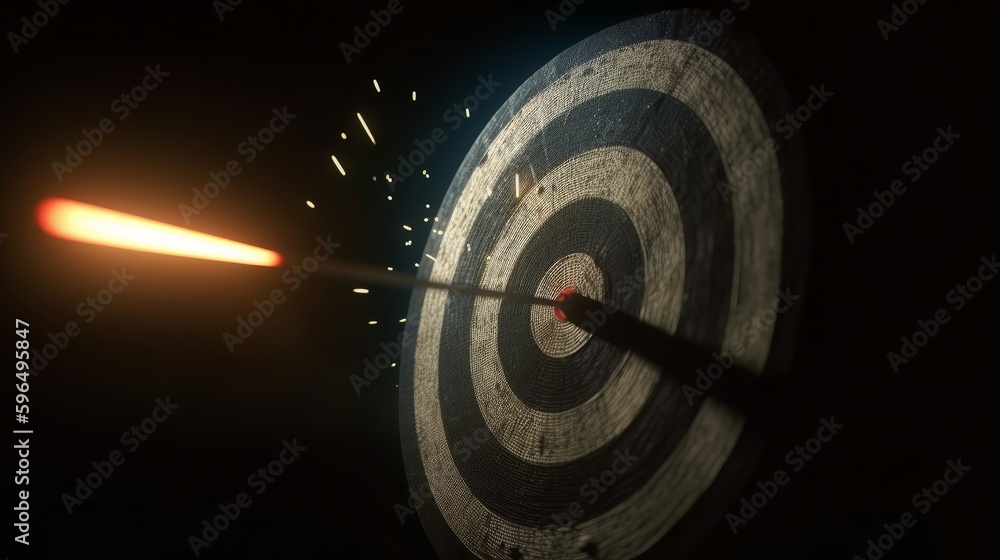 Poster bullseye target or dart board has red dart arrow throw hitting the center of a shooting for business