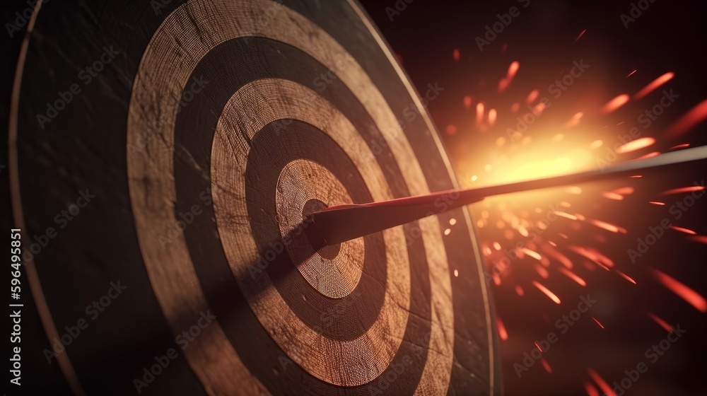 Fototapete Bullseye target or dart board has red dart arrow throw hitting the center of a shooting for business targeting and winning goals business concepts. Generative ai