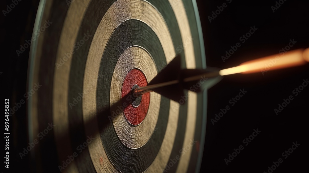 Poster bullseye target or dart board has red dart arrow throw hitting the center of a shooting for business