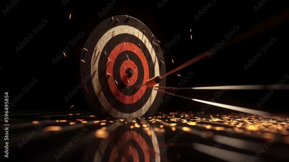 Poster bullseye target or dart board has red dart arrow throw hitting the center of a shooting for business