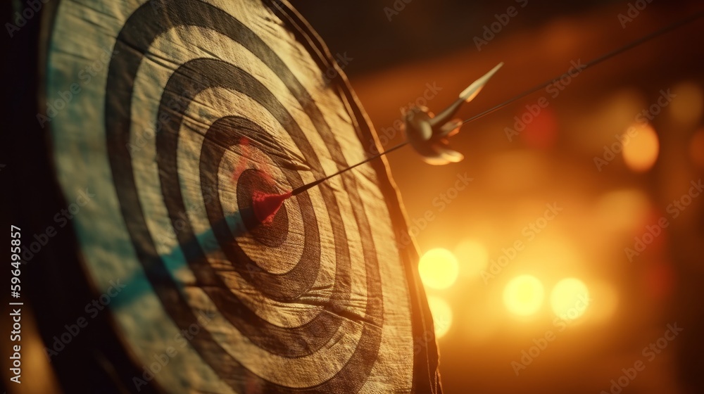 Poster bullseye target or dart board has red dart arrow throw hitting the center of a shooting for business
