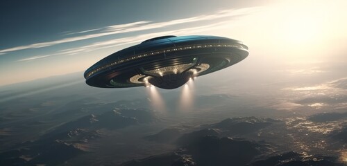 Obraz na płótnie Canvas Alien UFO flies over earth. Generative ai