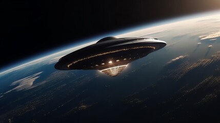Alien UFO flies over earth. Generative ai