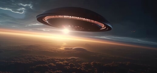 Fototapeta na wymiar Alien UFO flies over earth. Generative ai