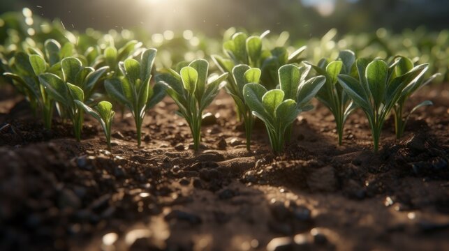 Springtime corn field with fresh, green sprouts in soft focus. Generative AI