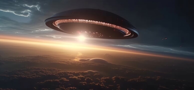 Alien UFO flies over earth. Generative ai